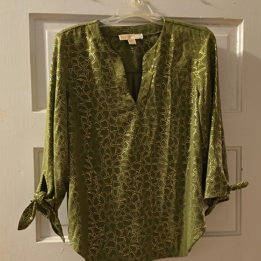 MICHAEL Michael Kors Green Tie Front Blouse with Mandarin Collar
